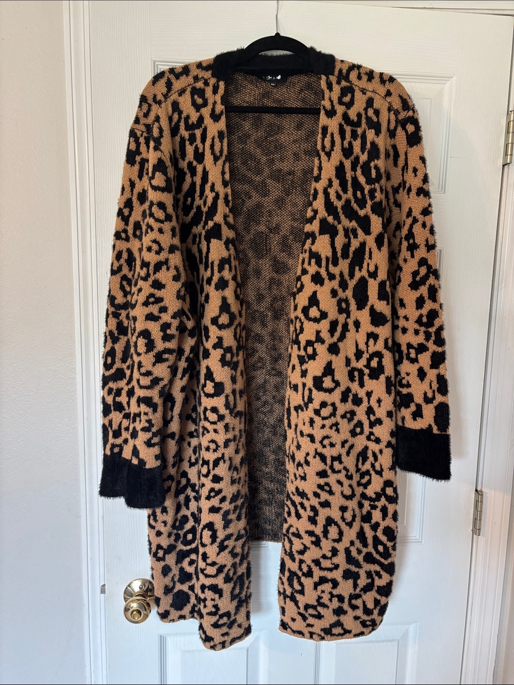 Leopard Print Open-Front Women’s Sweater Cardigan - Black & Tan 3X